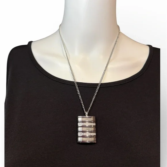 Tres Chic Stainless Steel Silver Pendant Necklace with Rhinestones. NWT - Picture 3 of 9